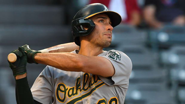 Matt Olson hits with Oakland A’s